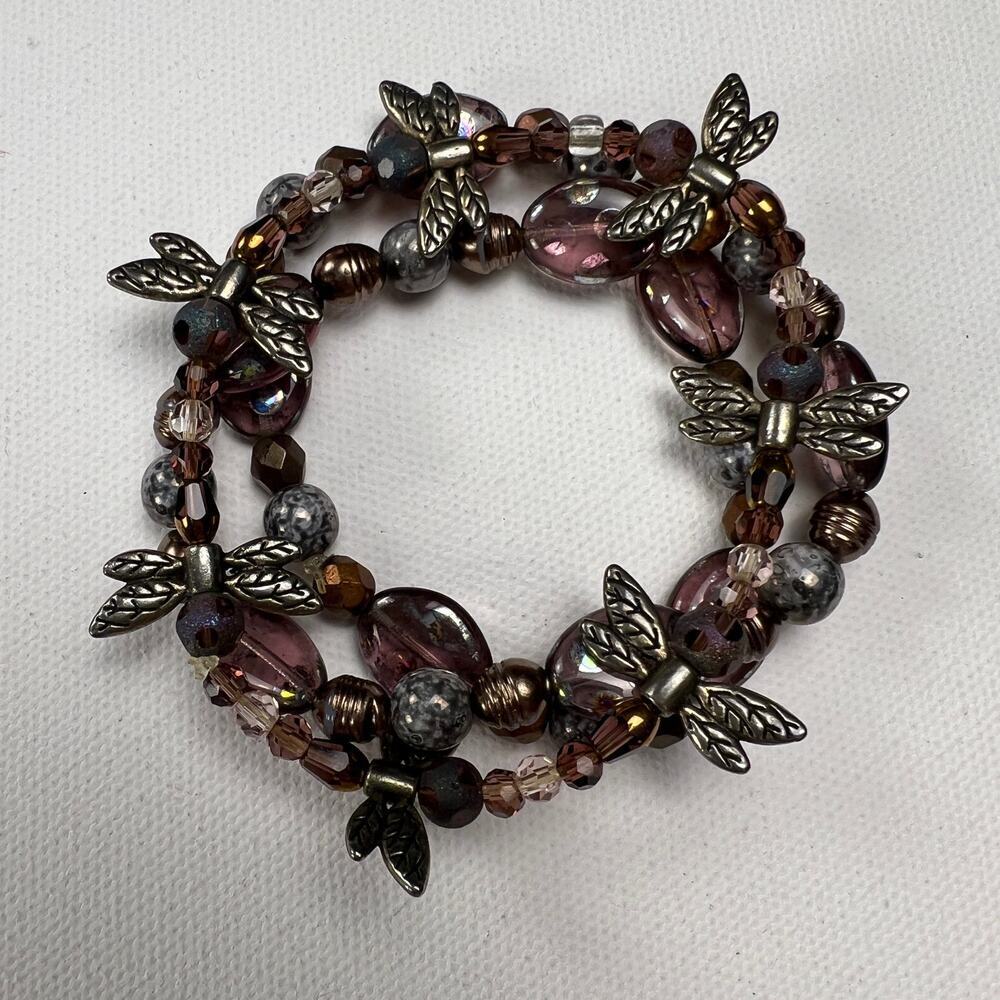 Handmade Beaded Bracelet Trio Purples Browns Dragonfly Metals